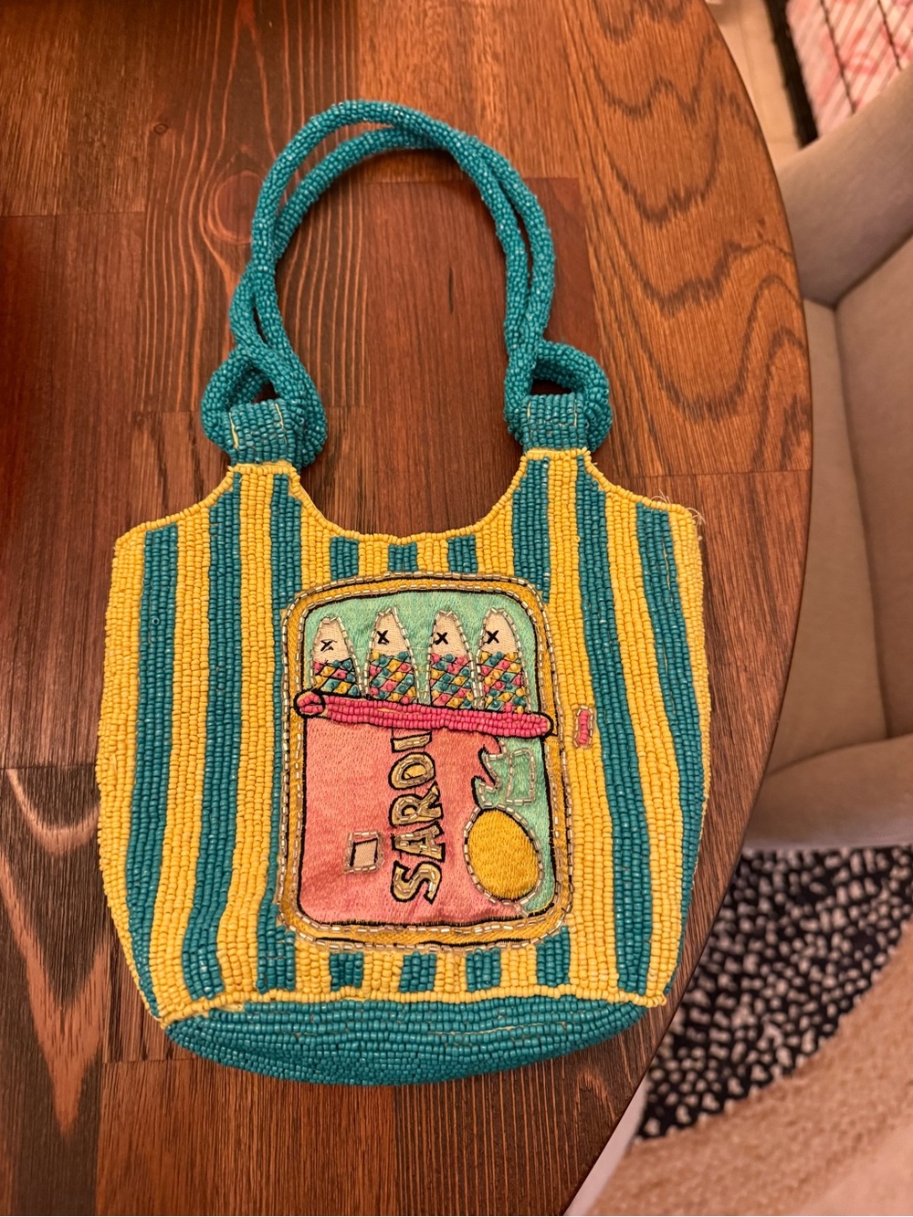 Hand-Beaded Yellow and Teal Striped Tote with Sardines